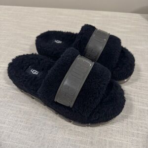 UGG Slippers FLUFFITA Women's Black Platform Slides Sandals Size 7